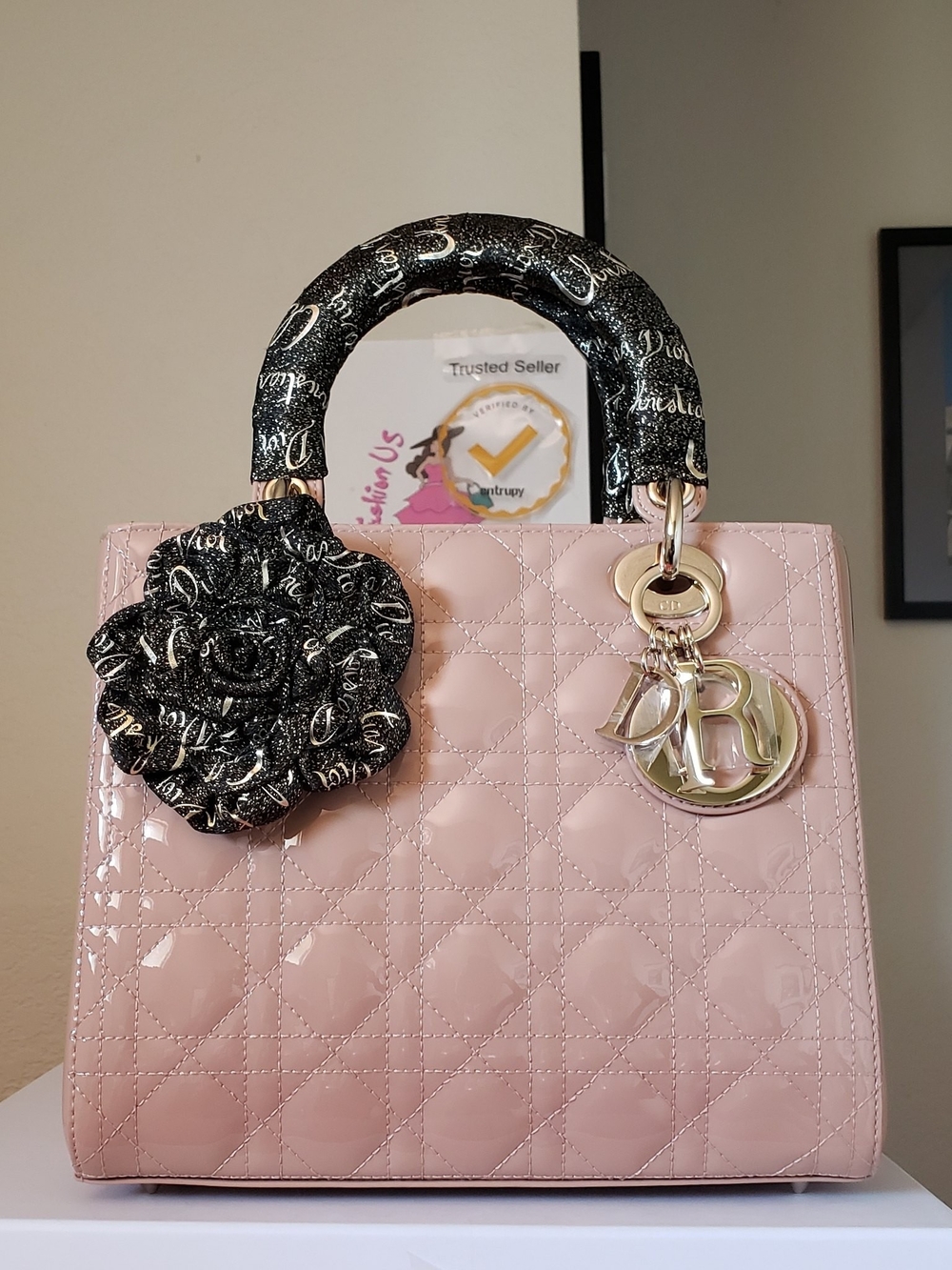 Dior Patent Pink Lady Dior Tote with Black Floral Handle Accent